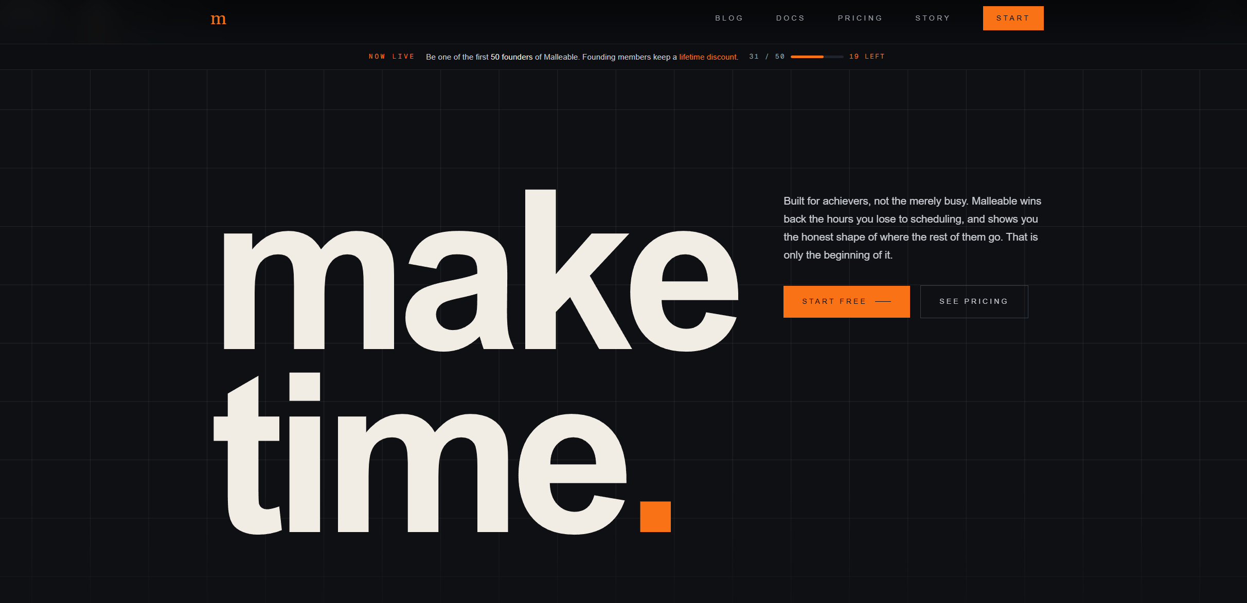 Website homepage with large white text 'make time' on a dark background, orange button, and grid lines.