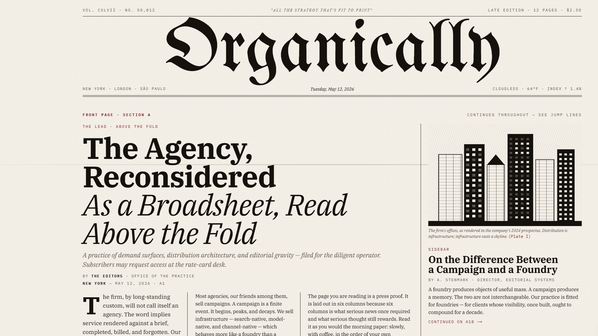 The newspaper's title 'Organically' at the top, with headlines and articles below, including a bar graph on the right side.