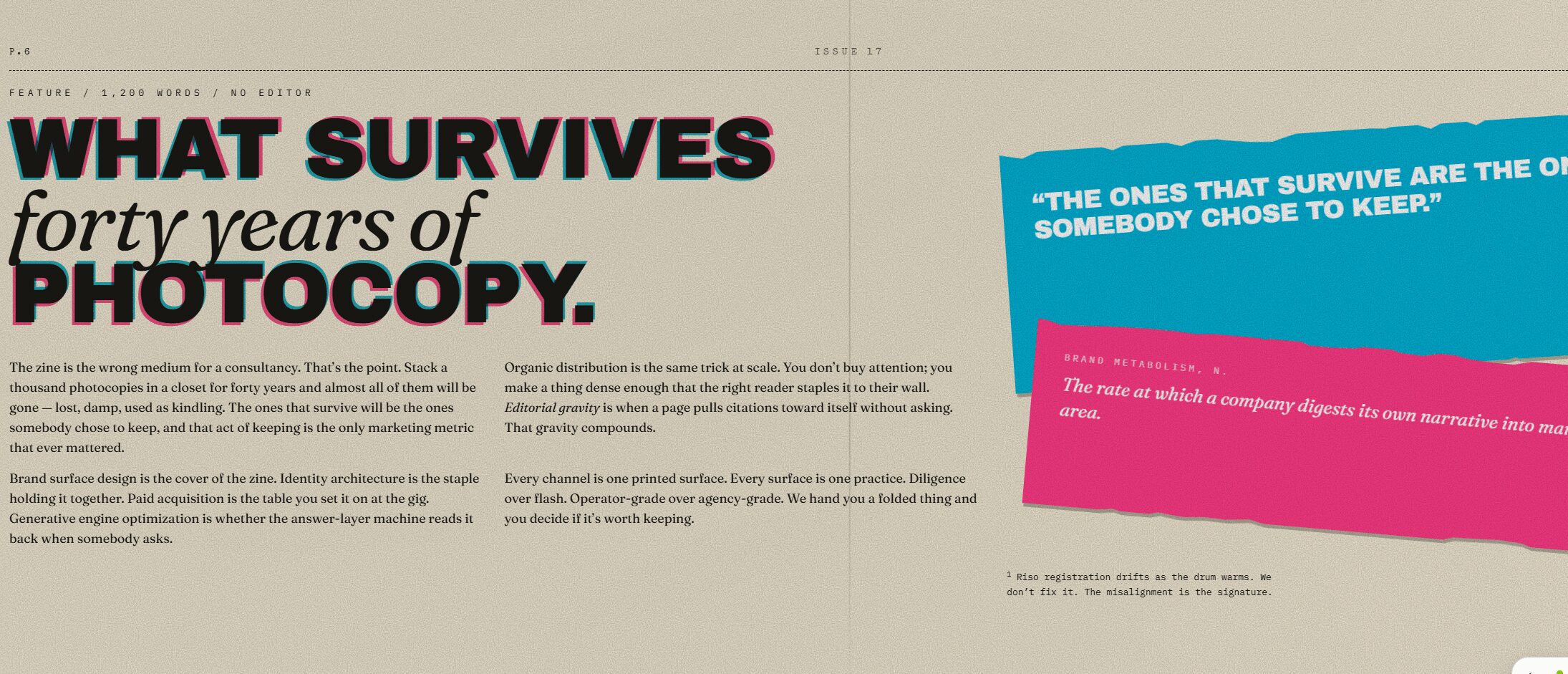 Text about forty years of photocopy survival with a blue and pink quote box, and a headline in bold black and red.