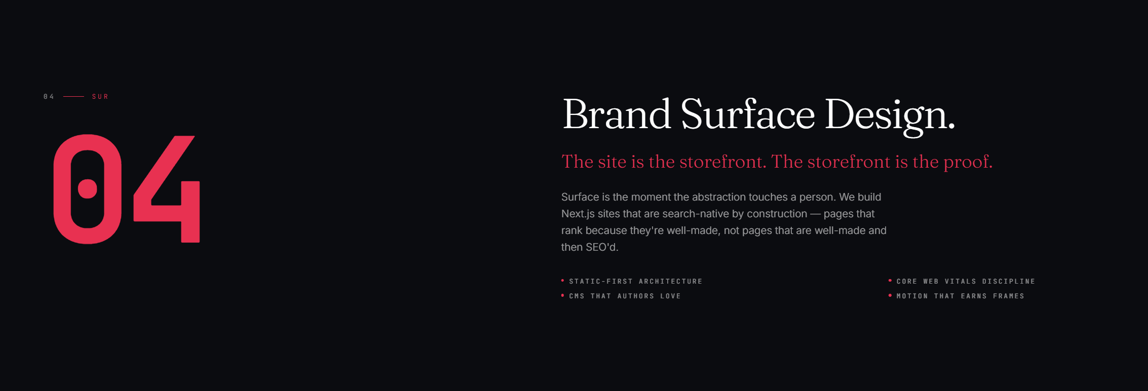 Black background with pink number '04' and white text about brand surface design.