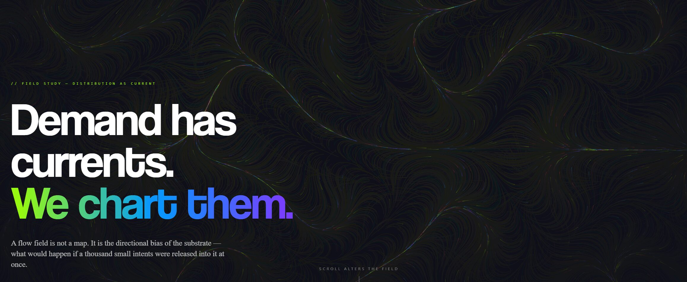 Dark background with white, green, and blue text about demand and currents, and charting.