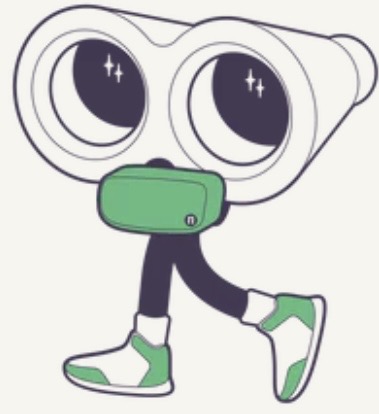 Cartoon character with large eyes, wearing sneakers and holding a green object, walking forward.