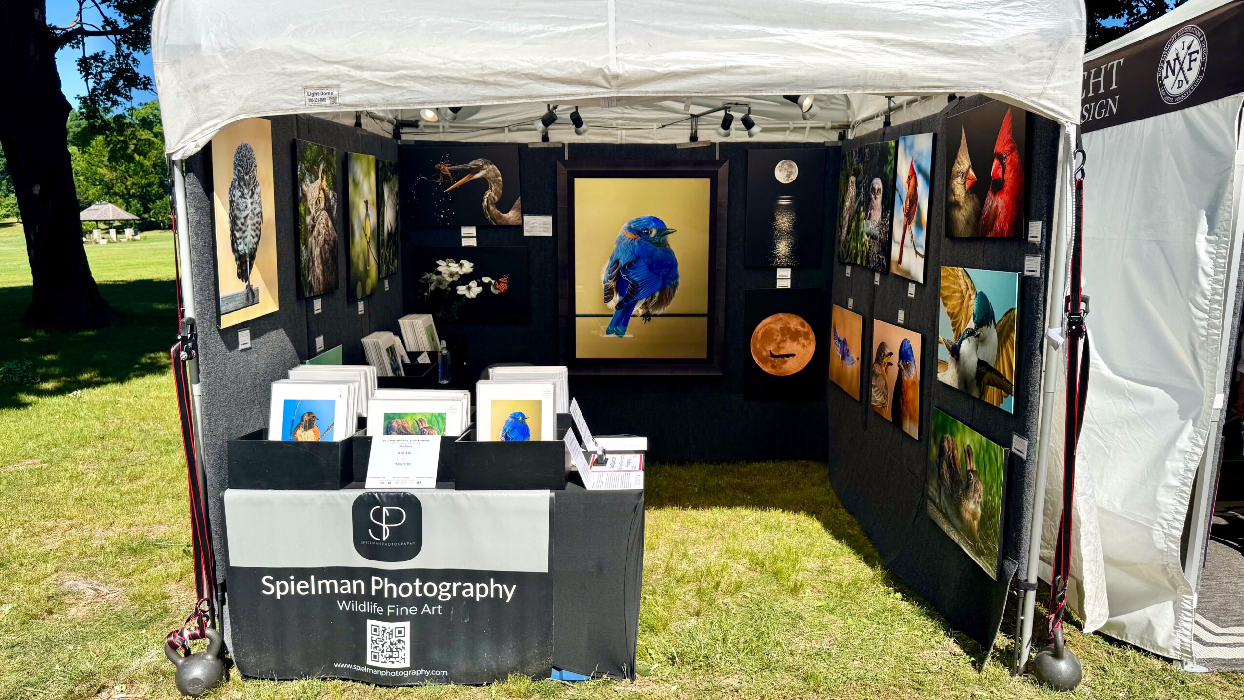 Art display booth with framed artwork and a table labeled 'Spielman Photography' outdoors.