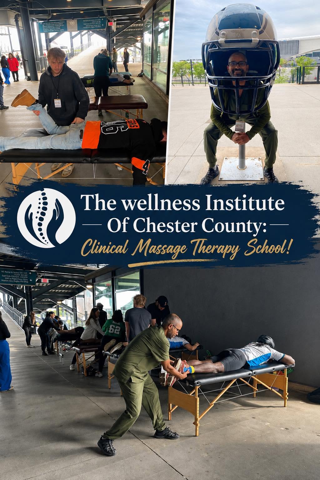 People receiving massages and therapy at a wellness center, with a person doing a handstand outdoors, and a massage session indoors.