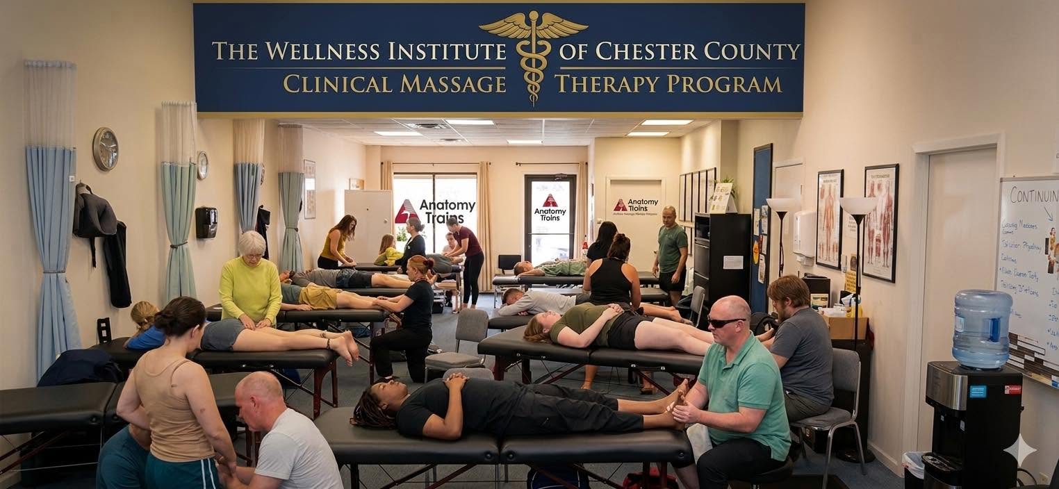 Room with people receiving therapy on massage tables, sign for wellness institute and therapy program, and staff attending to clients.