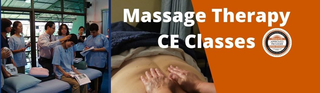 People attending massage therapy and CE classes, with a person receiving a massage, in a classroom setting.