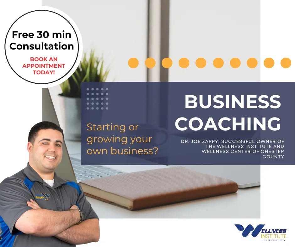 Business coaching flyer with a smiling man, a book, and a plant, offering free consultation and appointment booking.