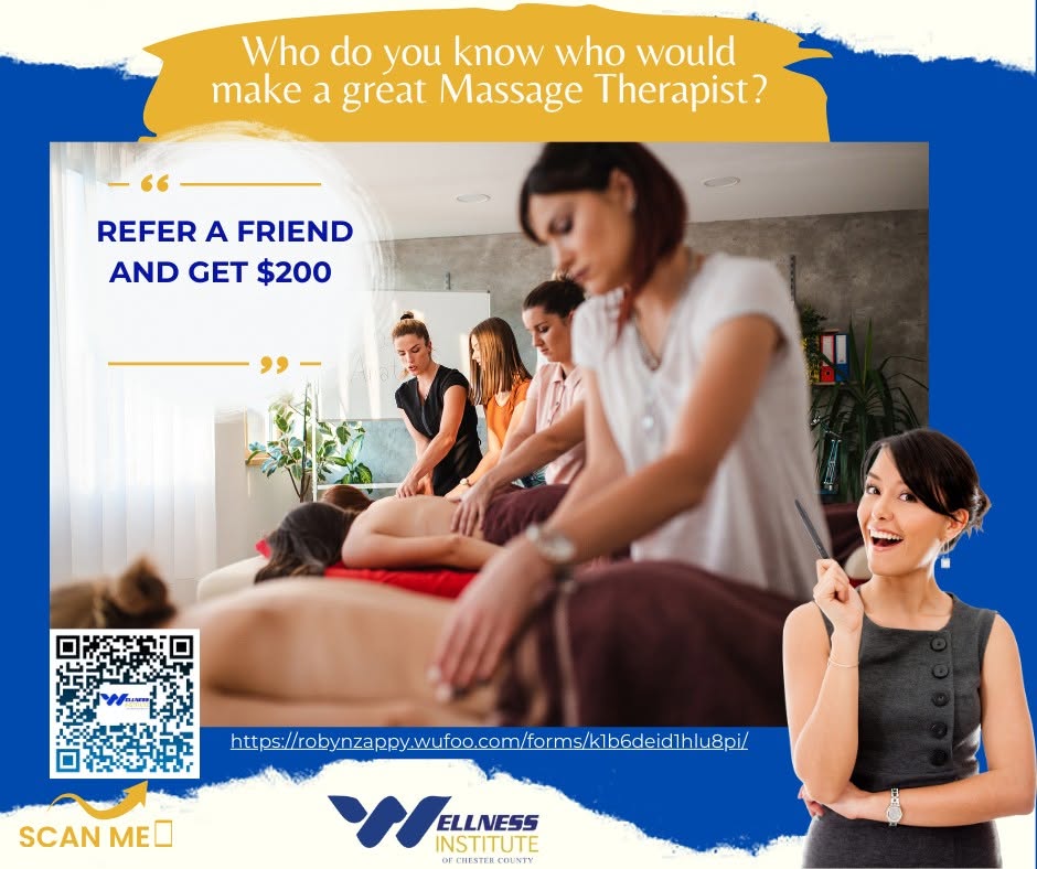 Group of people receiving massages in a spa, with a smiling woman in the foreground, and promotional text about massage therapy.