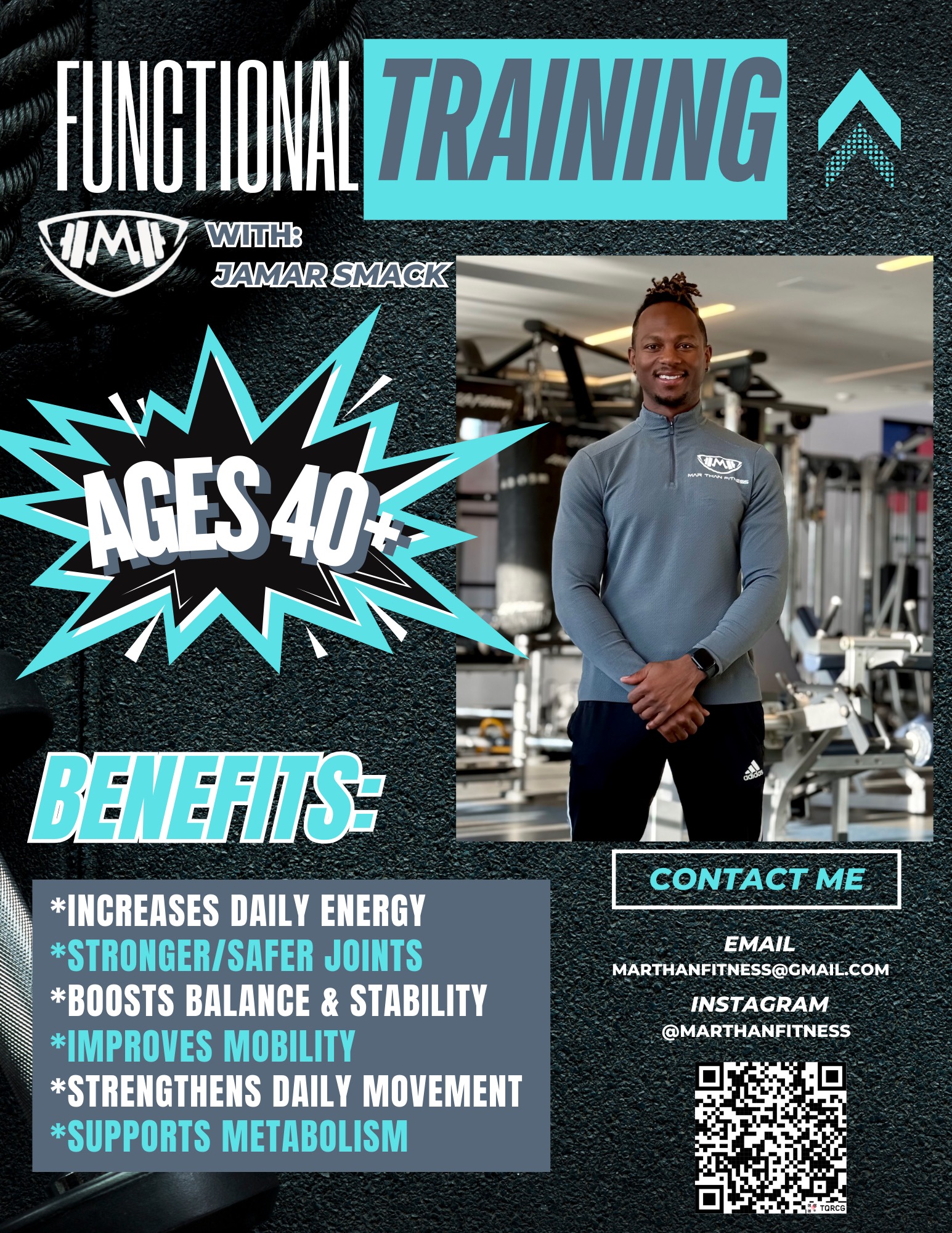 A woman in a gym wearing a blue long-sleeve shirt, smiling, with fitness equipment in the background. Promotional poster for training benefits.