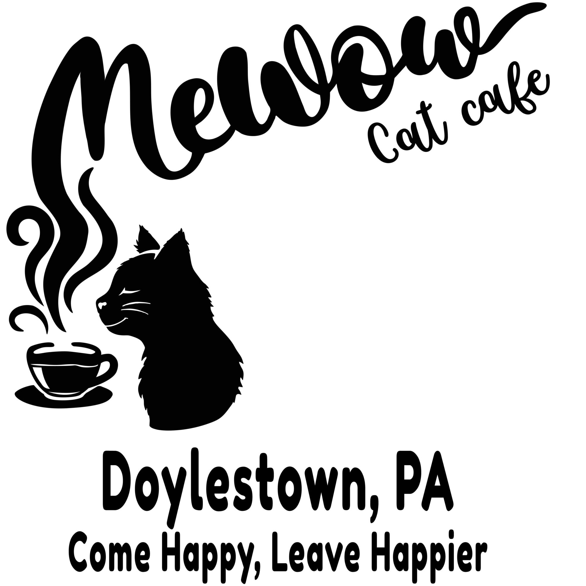 Logo with stylized text 'Meowow Cat Cafe', a cat silhouette, and a steaming coffee cup, with location and slogan.