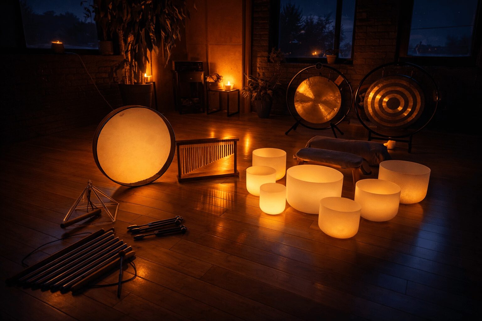 Room with glowing circular lights, musical instruments, and candles, creating a warm, ambient atmosphere.