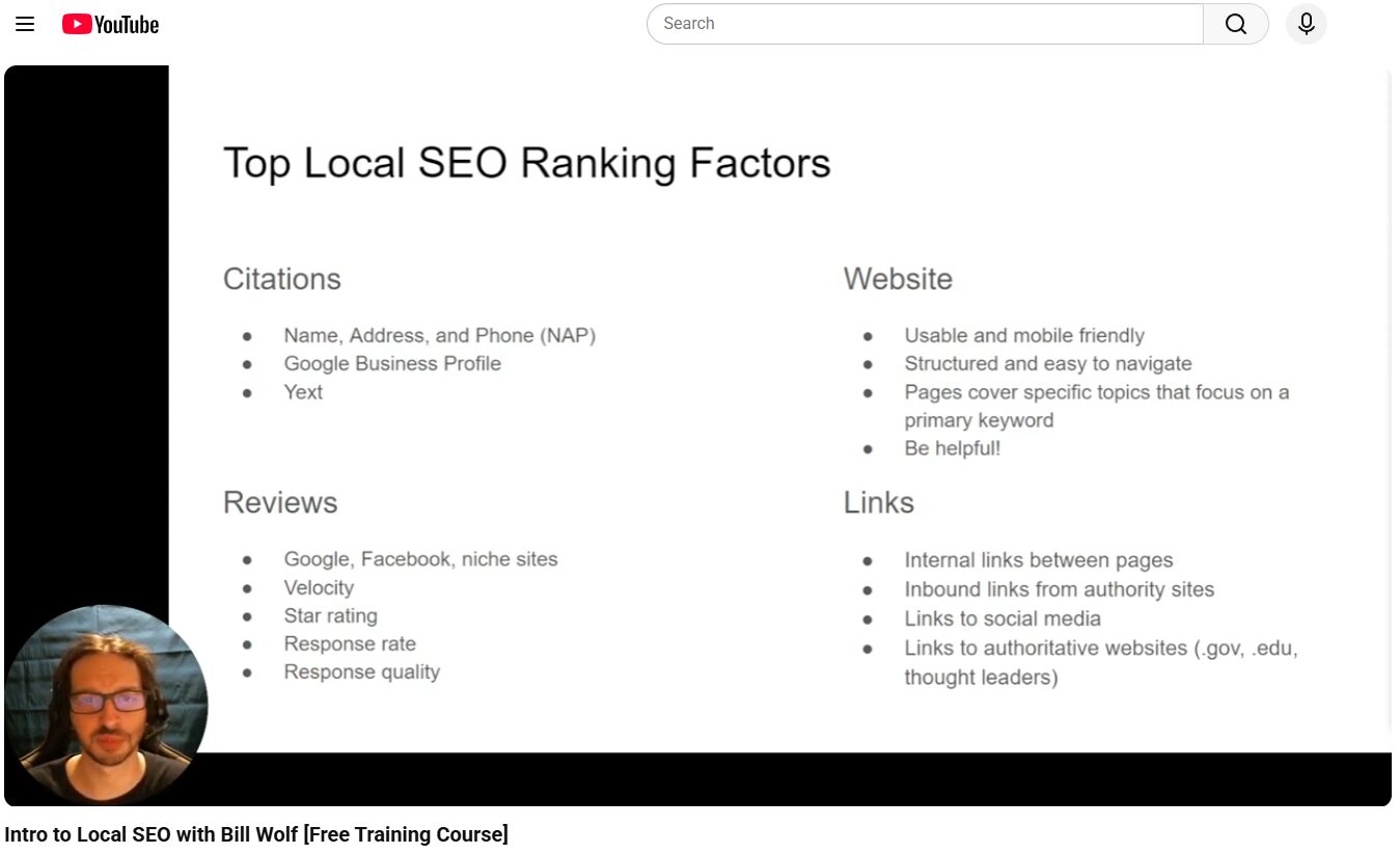 Screenshot of a webpage titled 'Top Local SEO Ranking Factors' with sections on citations, reviews, website, and links.