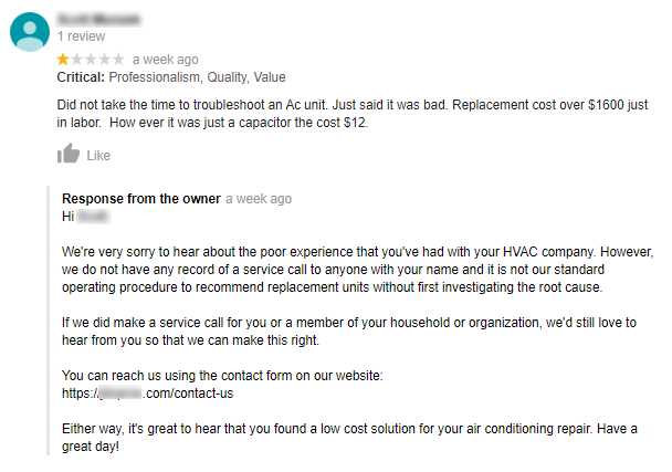 Screenshot of a review and response discussing HVAC repair issues and customer service, with a contact link included.