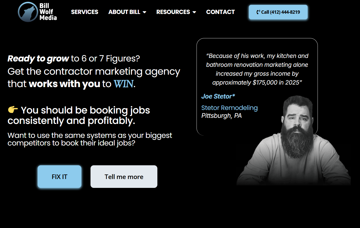 Black webpage with white and yellow text, a photo of a man with a beard, and contact information. Two buttons at the bottom.