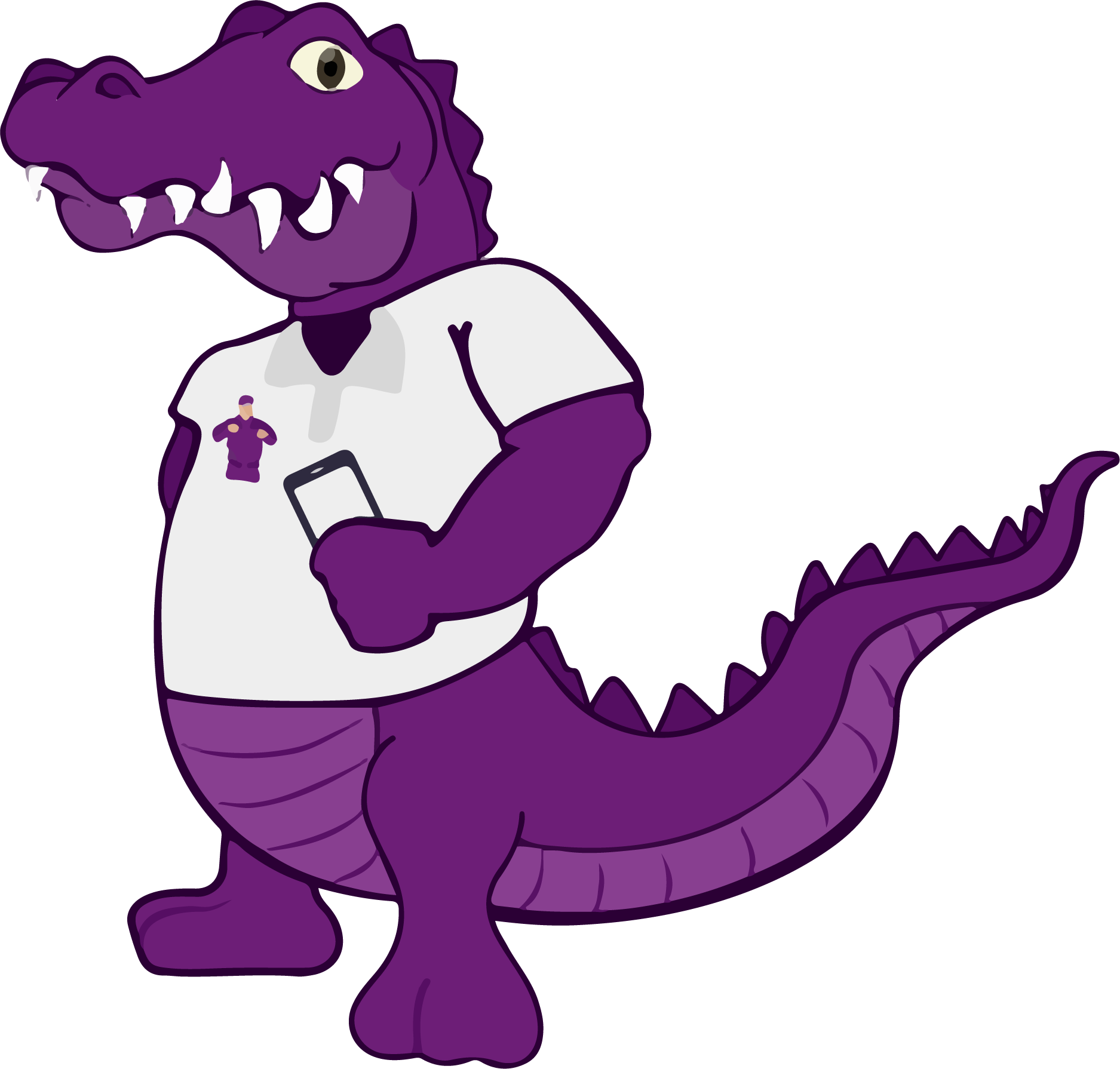 Purple crocodile character with a white shirt holding a smartphone, standing upright, smiling, with a long tail and sharp teeth.