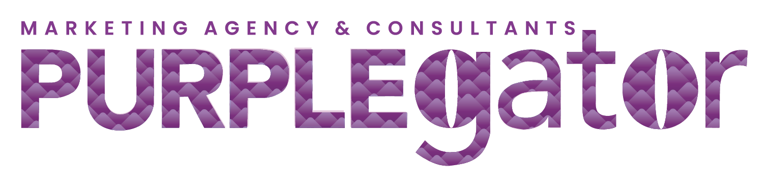 Purpleator logo with text in purple, marketing agency and consultants, on a black background.