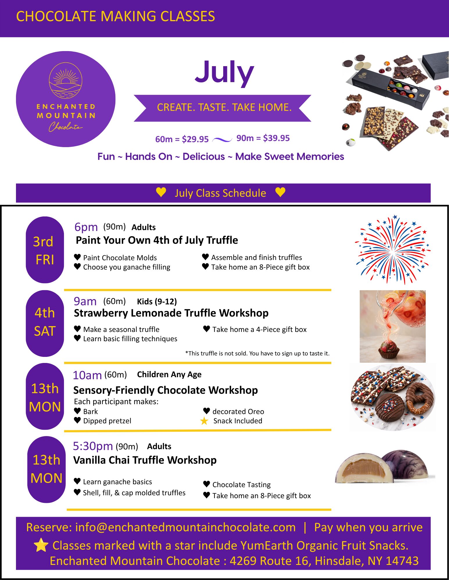 Schedule of chocolate making classes in July, including dates, times, and activities, with colorful headers and icons.