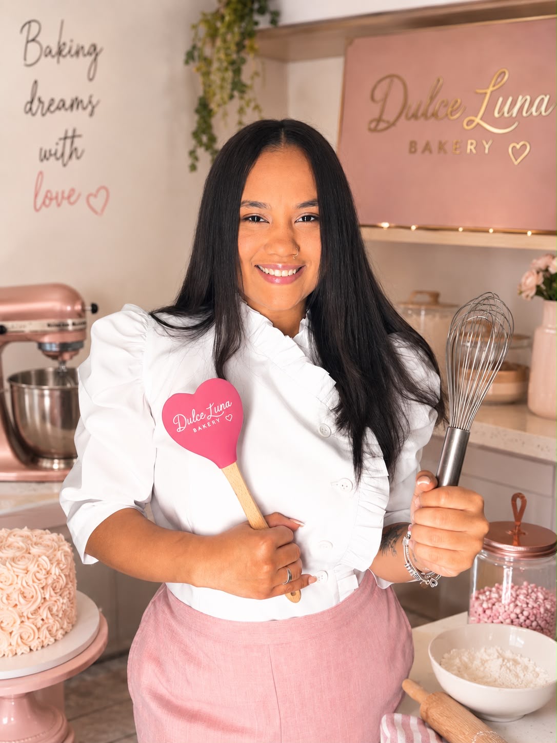 Smiling woman in white chef coat holding a pink heart-shaped sign and a whisk in a bakery kitchen.