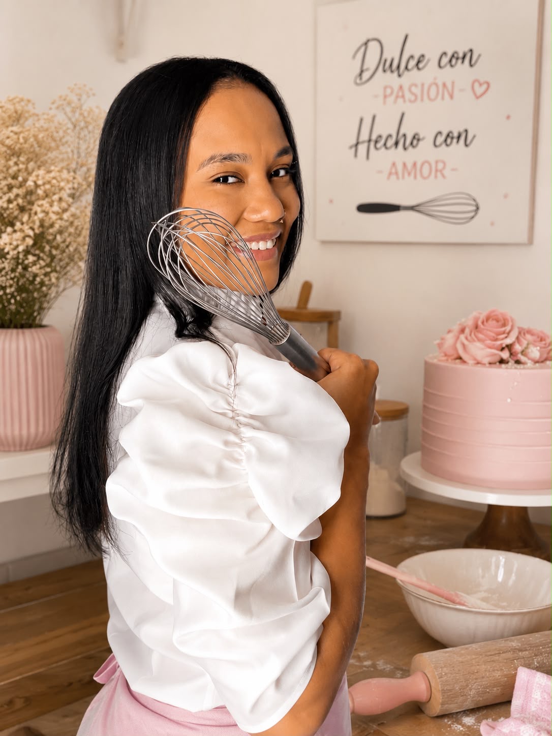 Woman with long black hair smiling, holding a whisk, in a kitchen with pink cake and baking tools, white wall background.