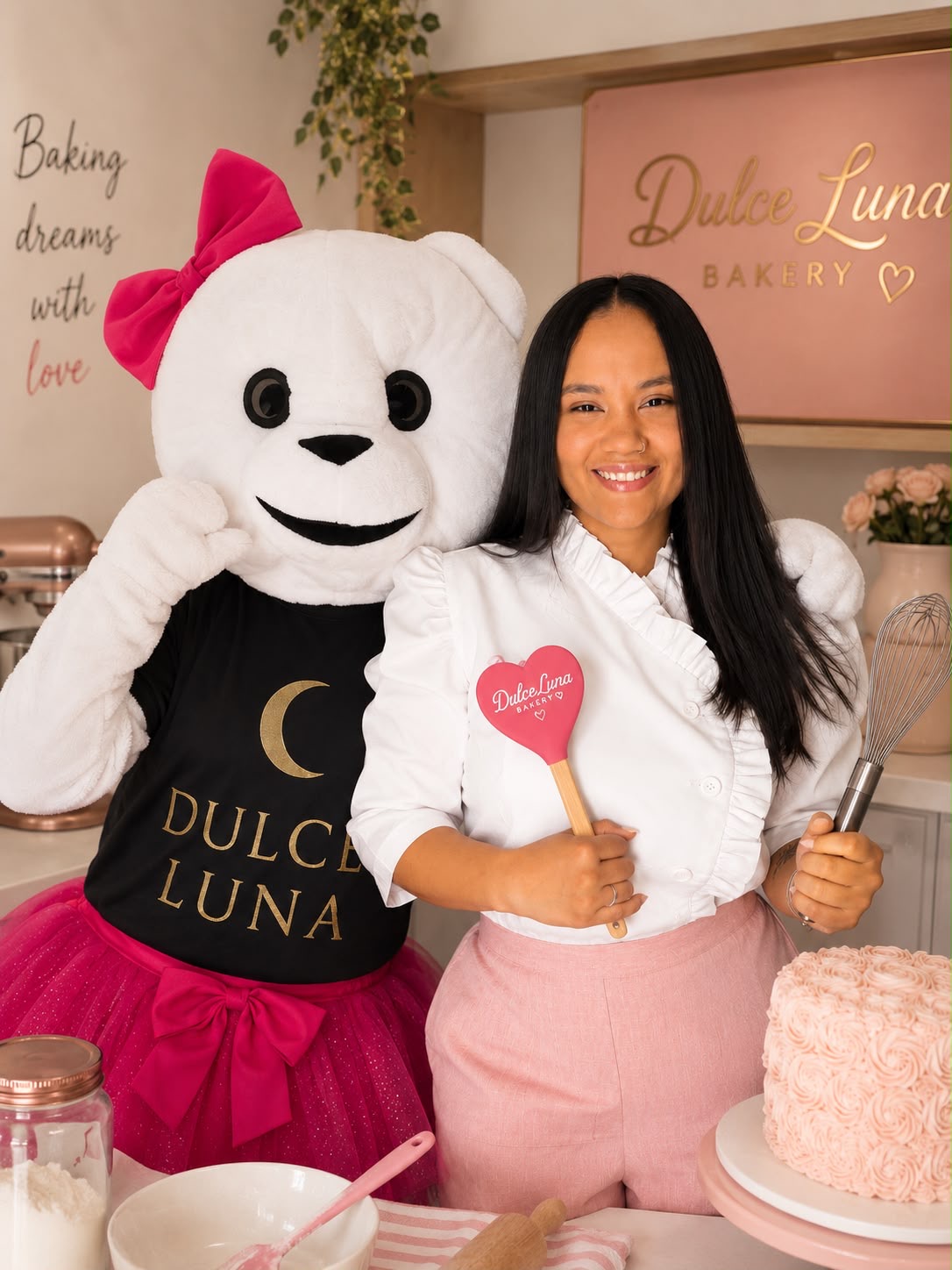 Woman smiling holding a pink paddle, standing next to a person in a panda costume inside a bakery. Decor includes plants and bakery signs.
