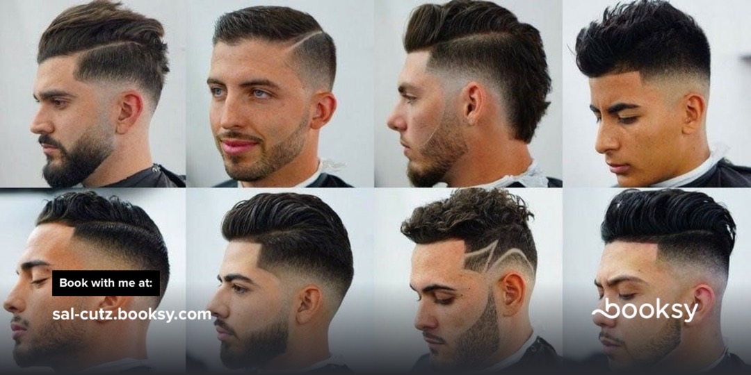 Six men with various modern hairstyles, side profiles and front views, in a light background.