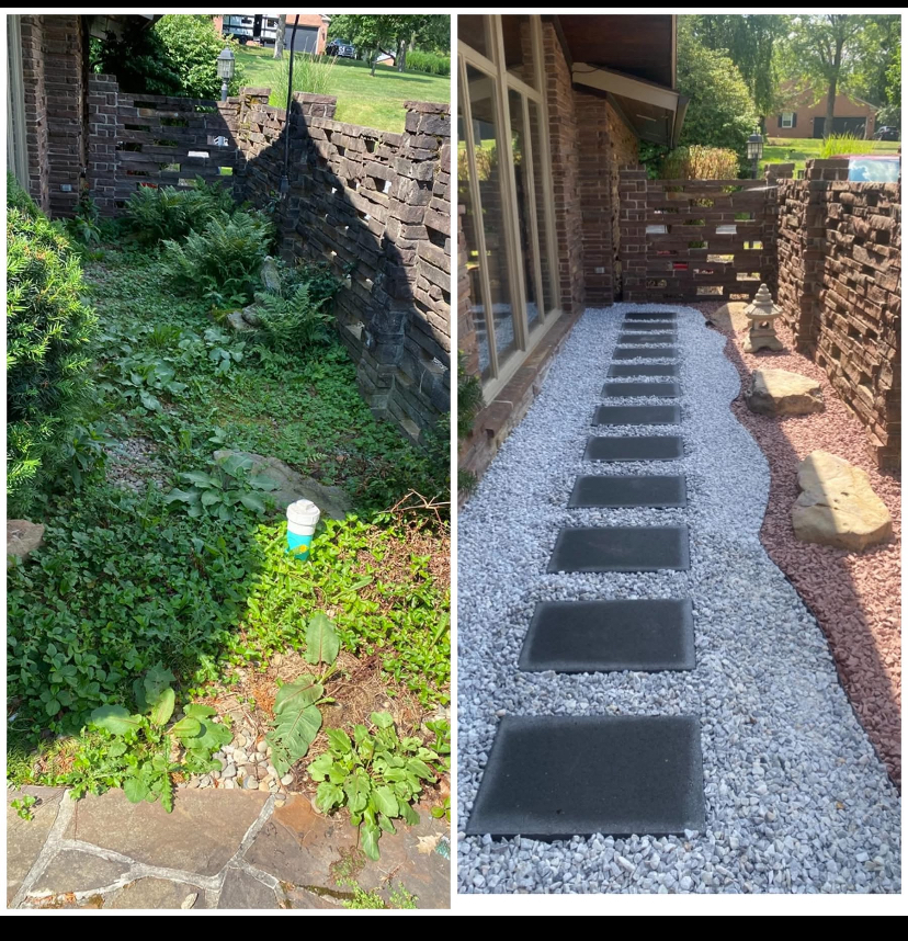 Side-by-side comparison of a garden before and after landscaping with stepping stones and gravel.