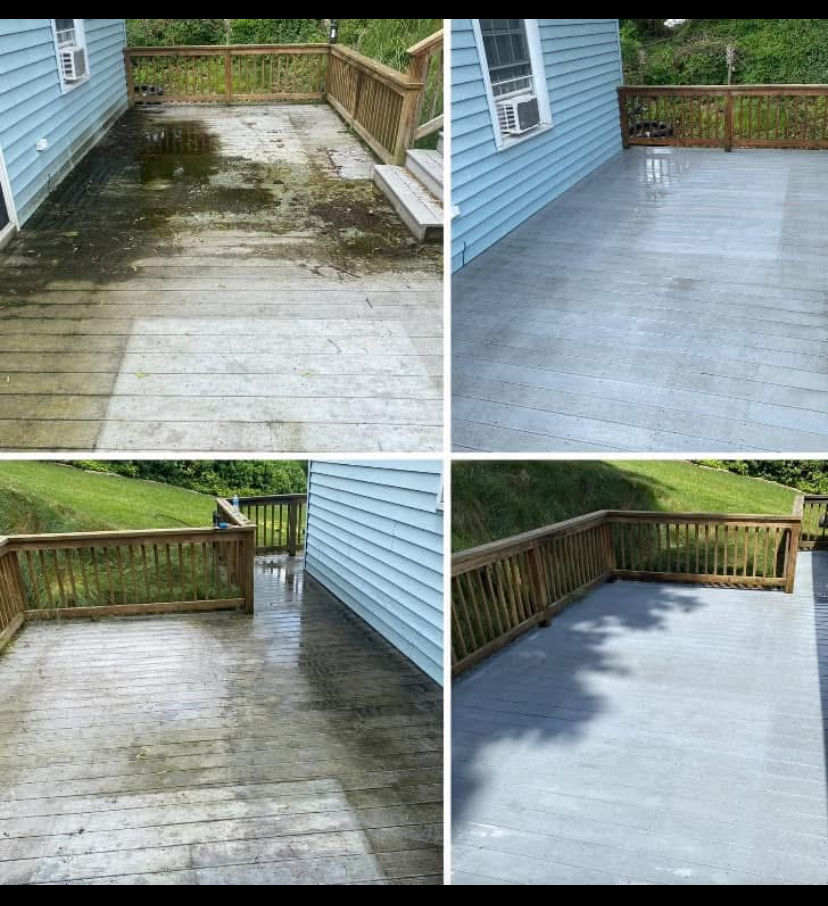 Comparison of a deck before and after cleaning, showing removal of dirt and moss, with a clean, bright surface.