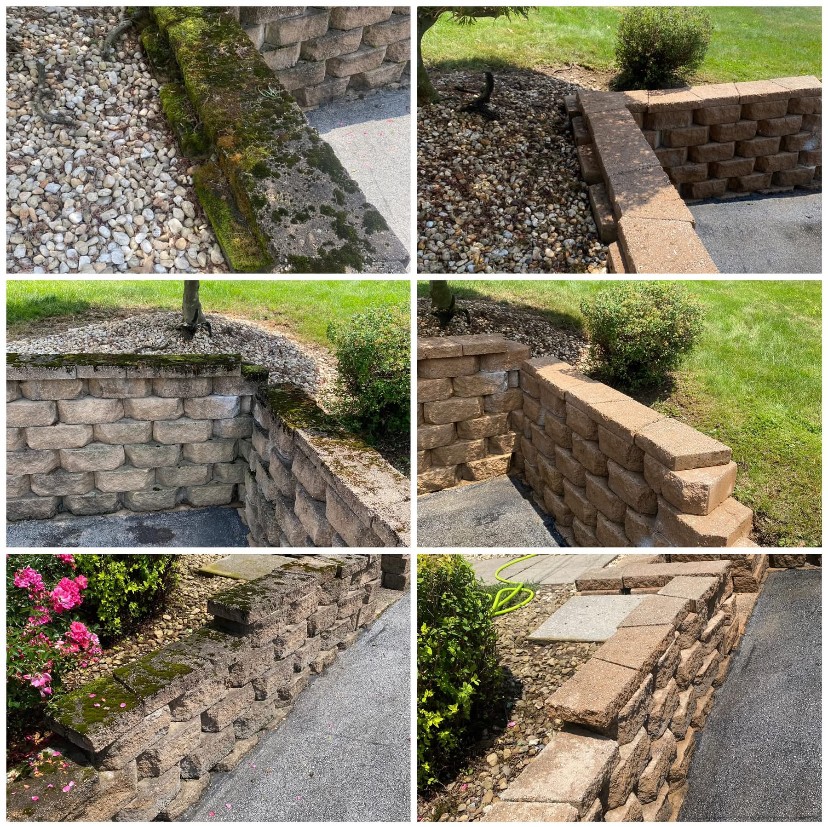 Six images of brick and stone garden borders and walls with plants and grass nearby.