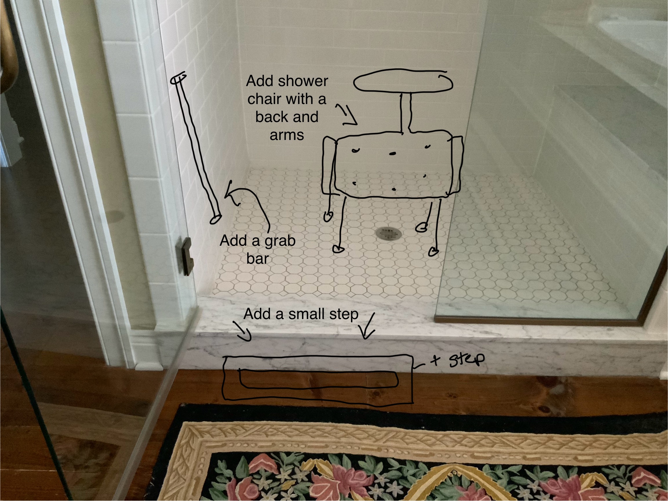 Bathroom shower with handwritten instructions for adding a shower chair, grab bar, small step, and a step.