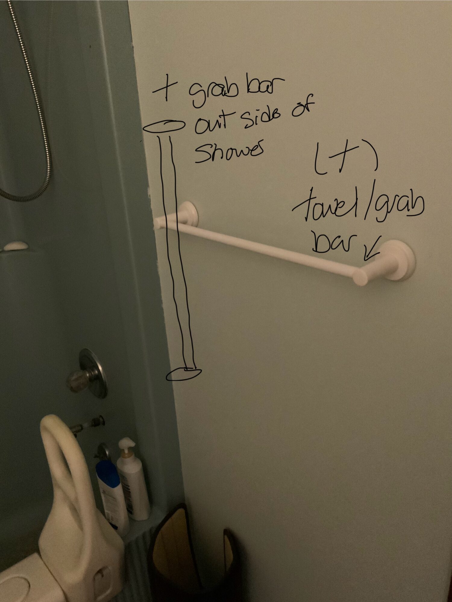 Handwritten notes on a wall with a grab bar, including instructions for use and a diagram of the bar.
