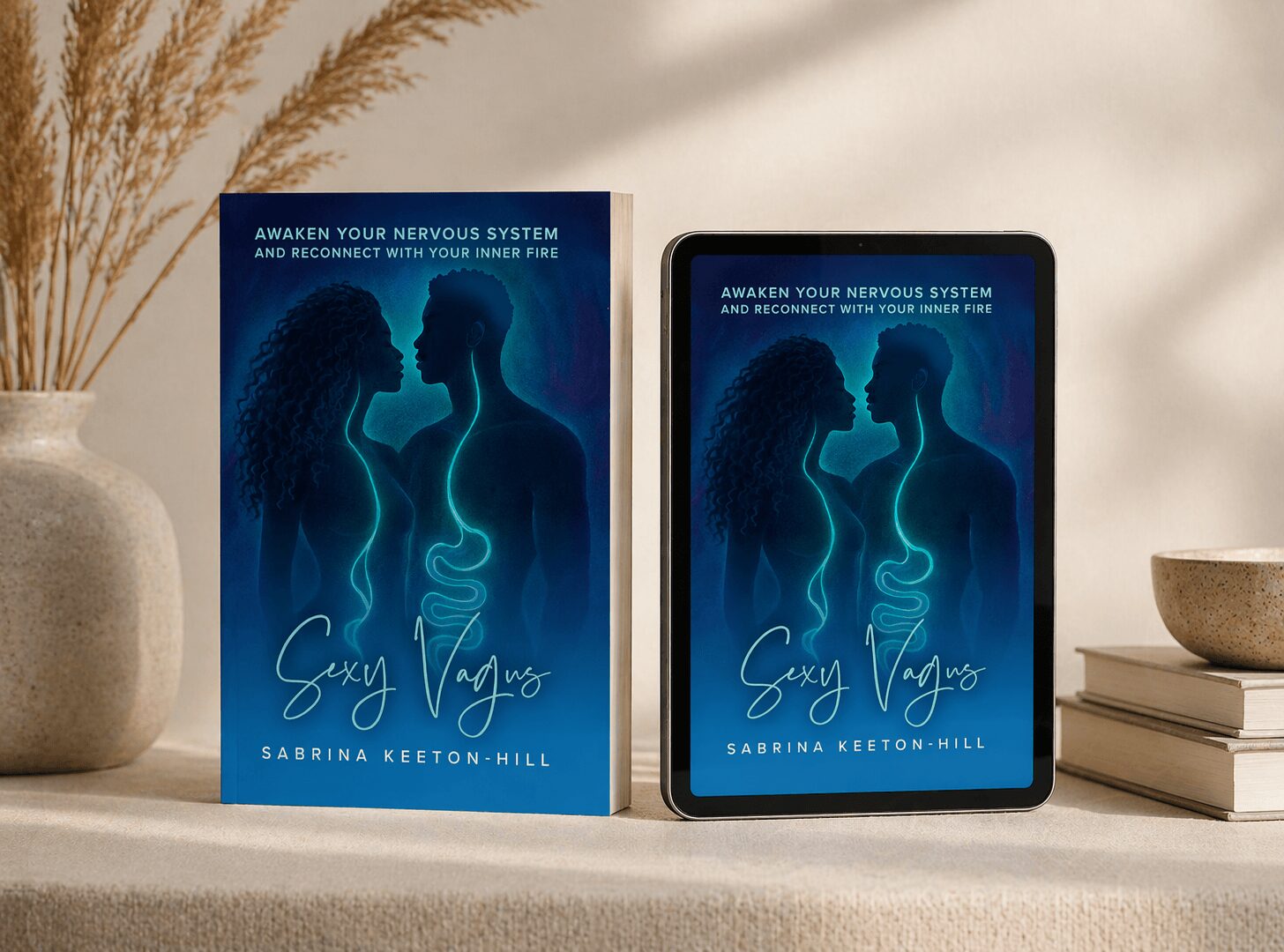 Book and e-book cover titled 'Sexy Vagina' by Sabrina Keeton-Hill, featuring silhouettes of a woman and a man with a glowing outline, on a shelf.