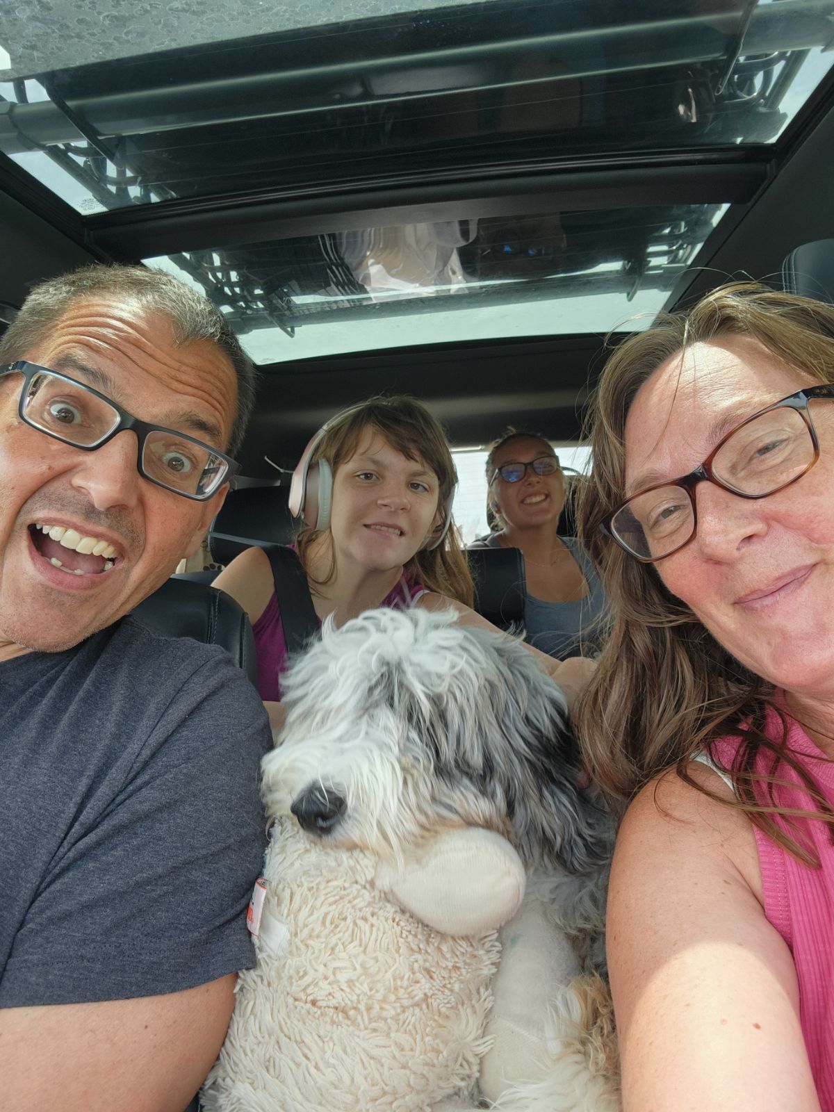 Four people and a dog inside a vehicle with a glass roof, smiling and taking a selfie.