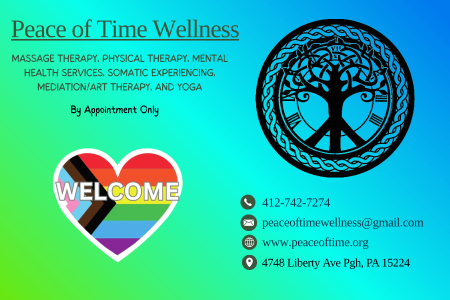 Text about wellness services, a heart with rainbow stripes, contact info, and a circular tree logo on a gradient background.