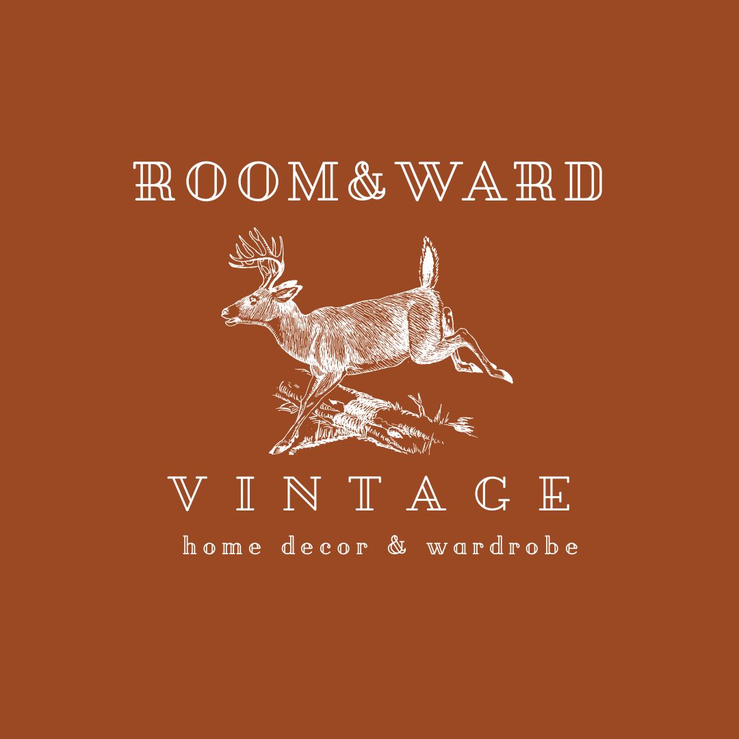 Logo with a deer illustration, text 'ROOM & WARD VINTAGE', and smaller text 'home decor & wardrobe' on a brown background.
