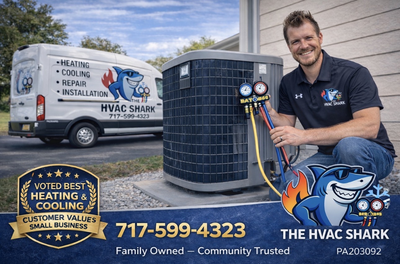 Man kneeling next to HVAC equipment with service van in background, smiling outdoors, blue sky, and company logo. Alt text word count: 33.