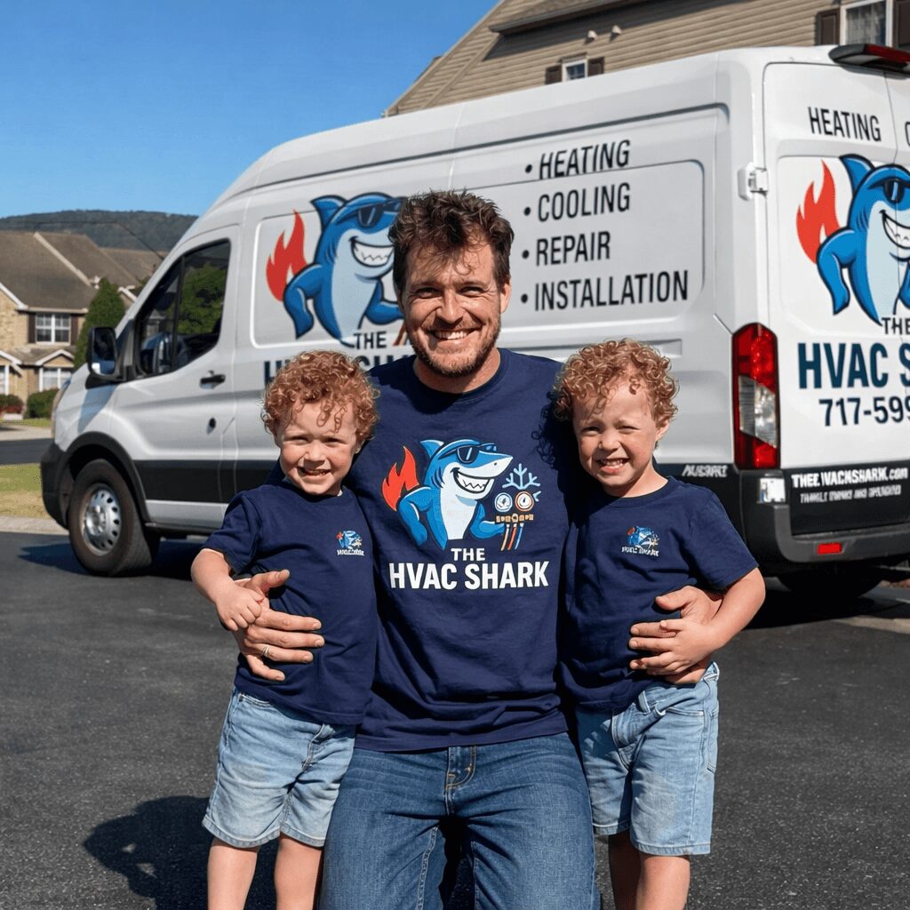 Man with two children standing in front of a service van, all wearing matching shirts with a shark logo.