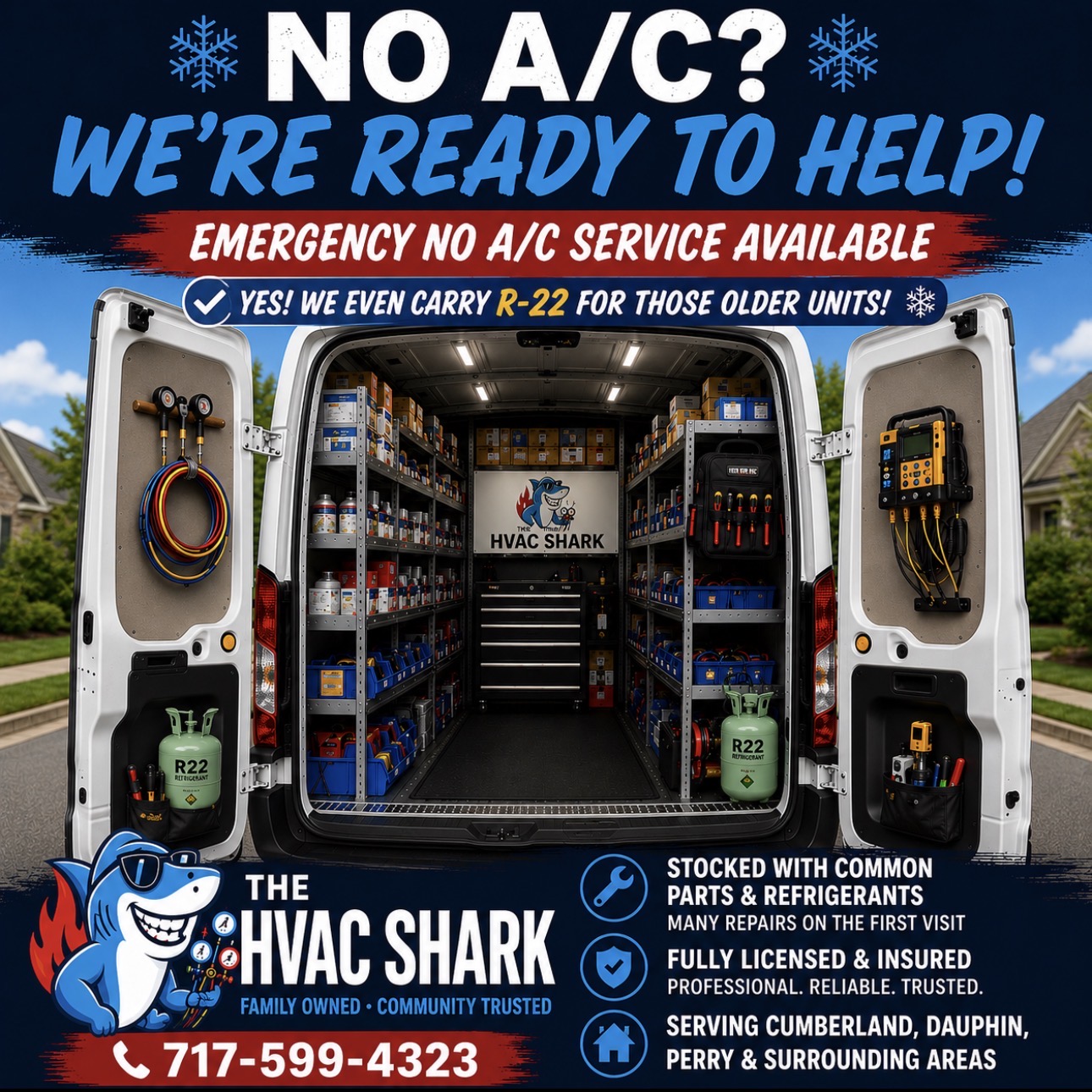Open service van with HVAC tools and supplies, HVAC Shark logo, contact number, and promotional text about emergency services.