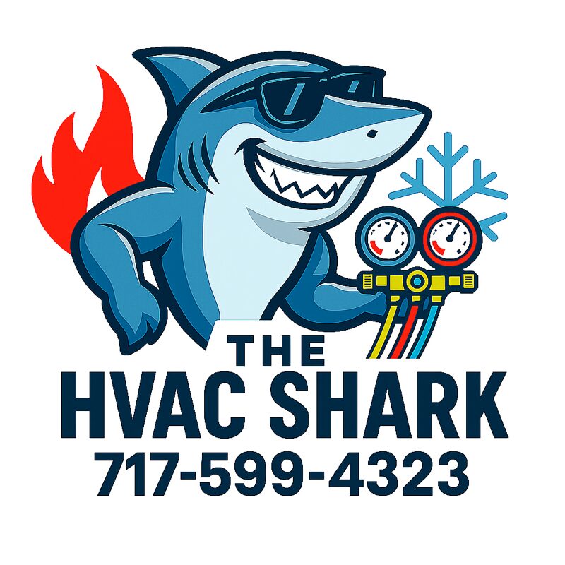 Cartoon shark wearing sunglasses, with fire and snowflake symbols, holding HVAC gauges, and text with phone number.