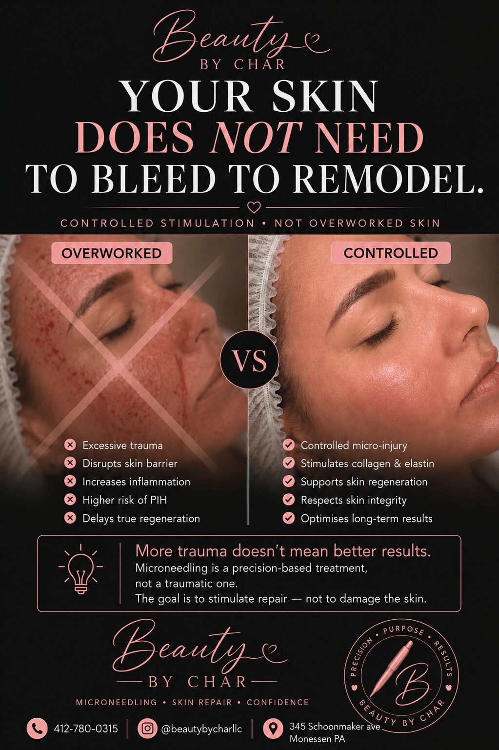 Comparison of overworked and controlled skin treatments, showing differences in skin appearance and texture.