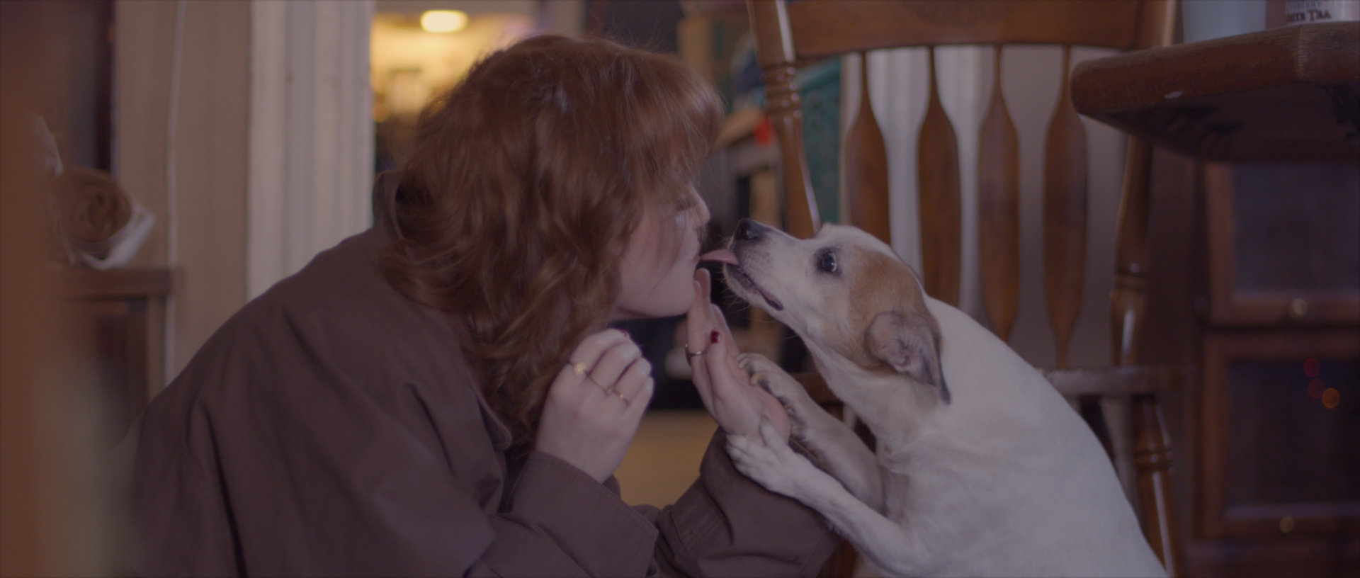Person with brown hair interacts with a large white dog indoors, holding its paws and face close together.