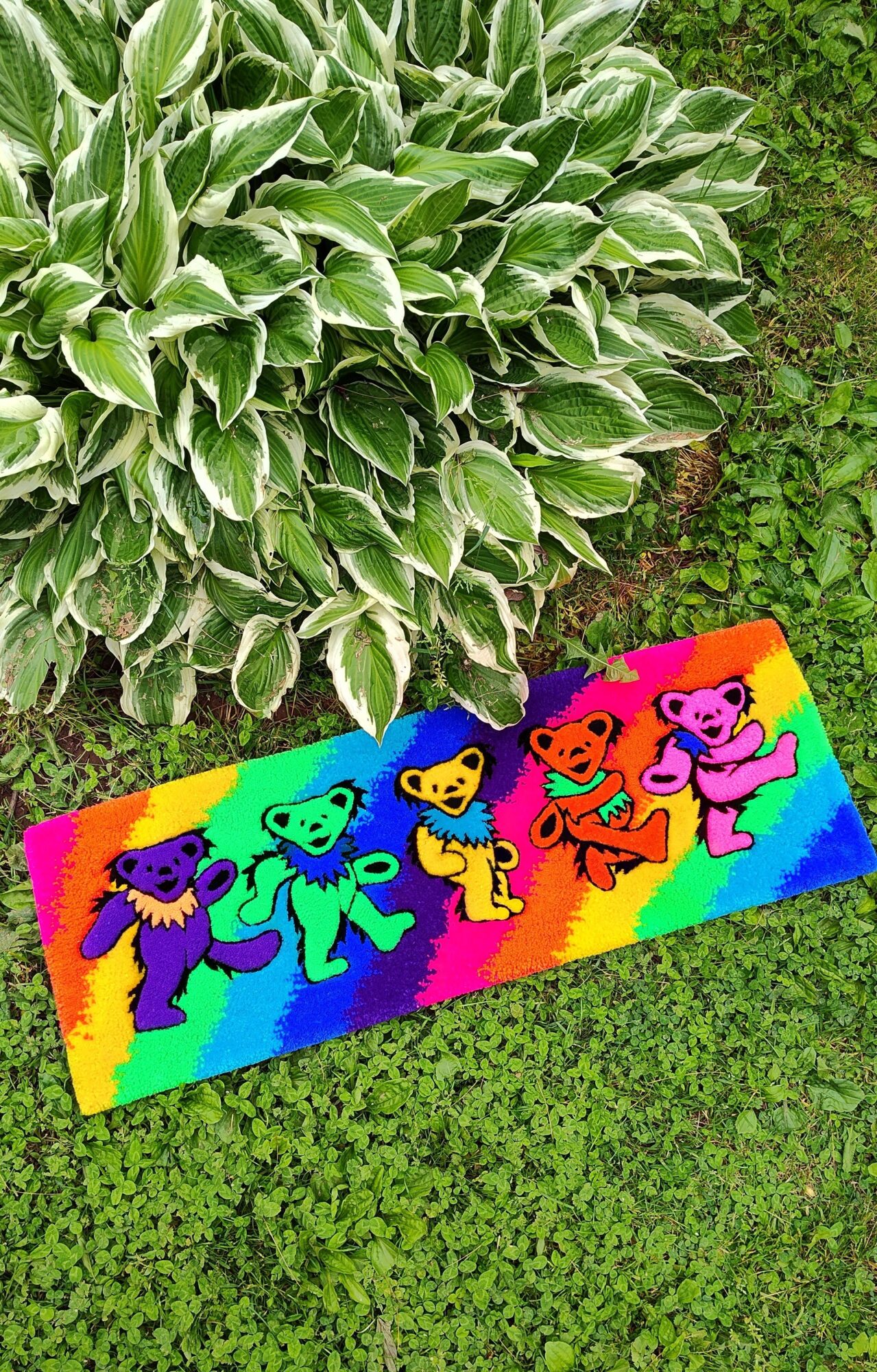 Colorful rainbow-striped mat with five cartoon bear characters, placed on grass near a leafy plant.