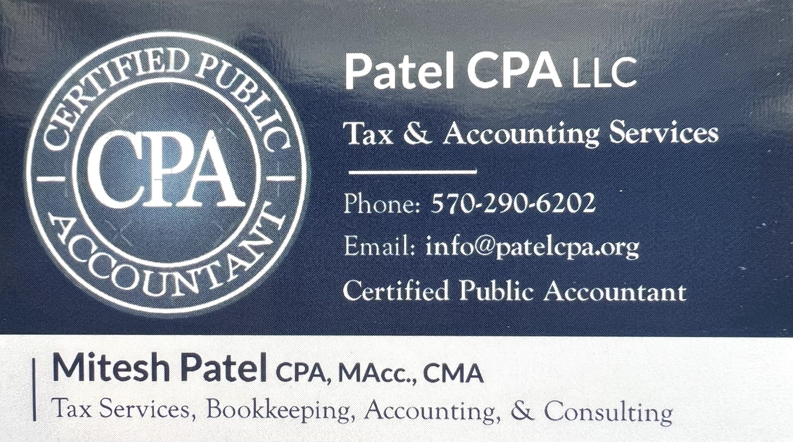 Business card for Patel CPA LLC with contact details and Mitesh Patel's credentials, including CPA, MAcc, CMA.