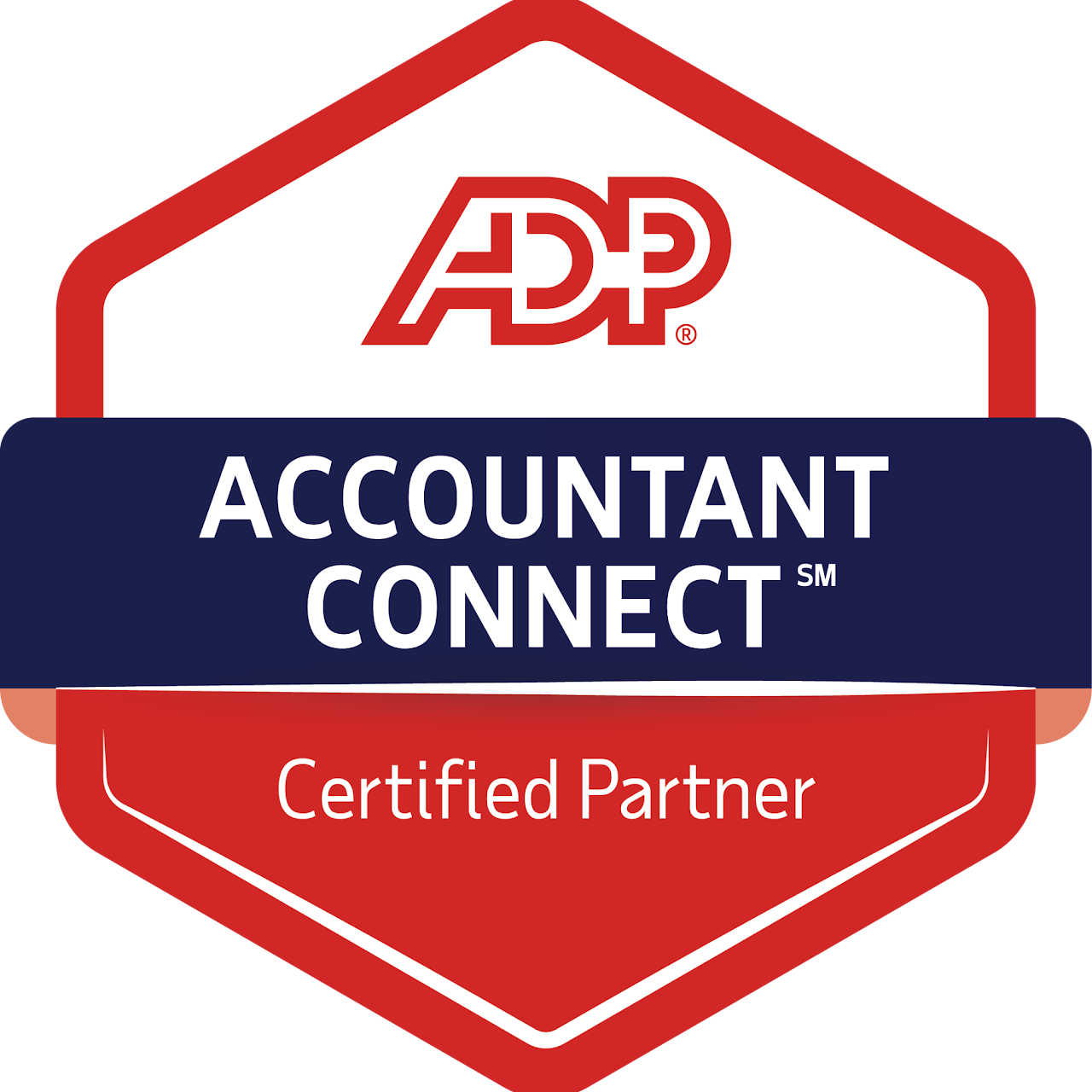 Badge with ADP logo, 'Accountant Connect' text, and 'Certified Partner' label, in red, white, and blue colors.
