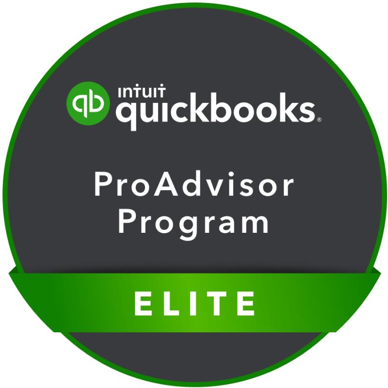 QuickBooks ProAdvisor Program ELITE badge with green and black design, circular shape, and text.
