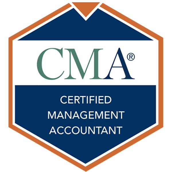 CMA Certified Management Accountant badge with text and geometric design, blue, green, and brown colors.