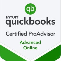 QuickBooks Certified ProAdvisor badge with green and white design, text indicating certification and online status.