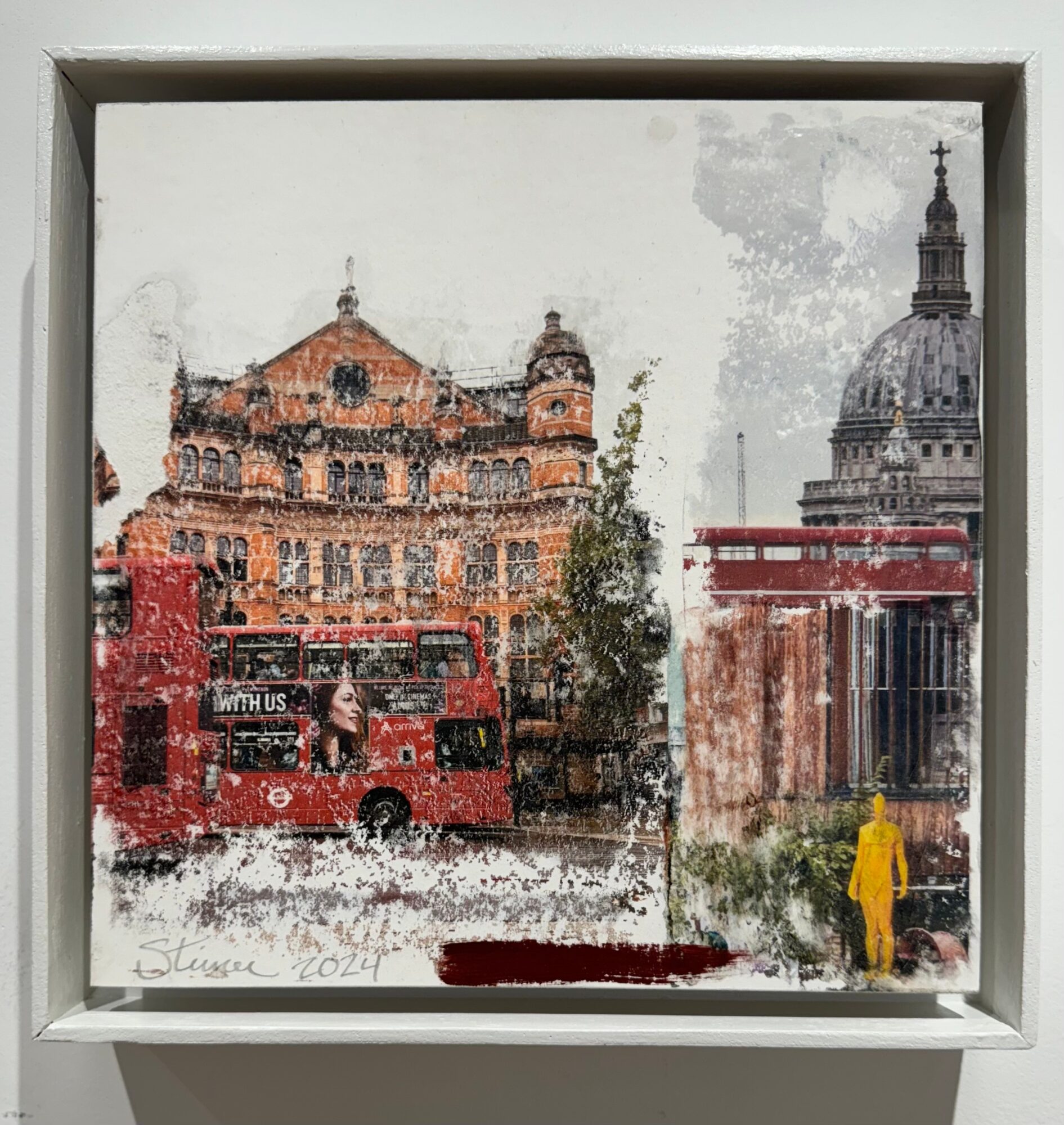 Painting of a cityscape with historic buildings, a red bus, and a person in yellow, viewed from the side.