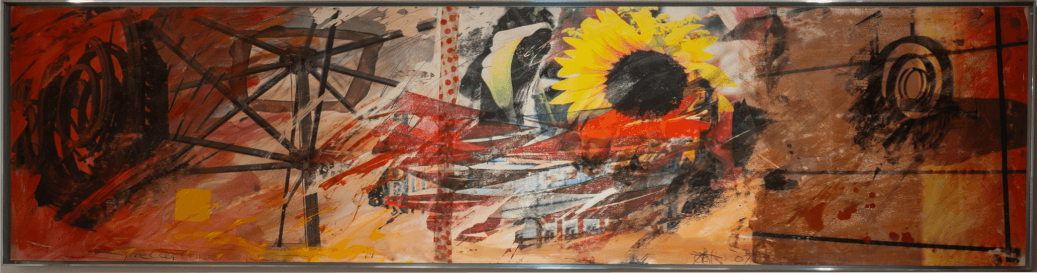 Abstract painting with sunflowers, geometric shapes, and textured background, featuring warm colors and mixed media elements.