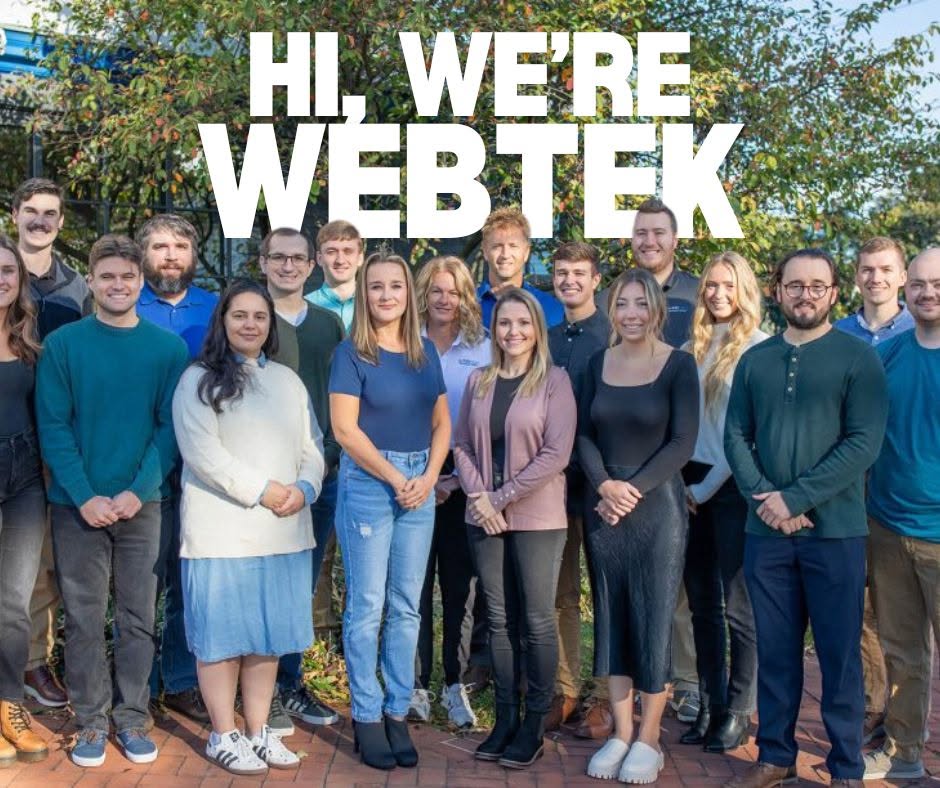 Group of people outdoors with trees, large text says 'Hi, we're Webtek'.