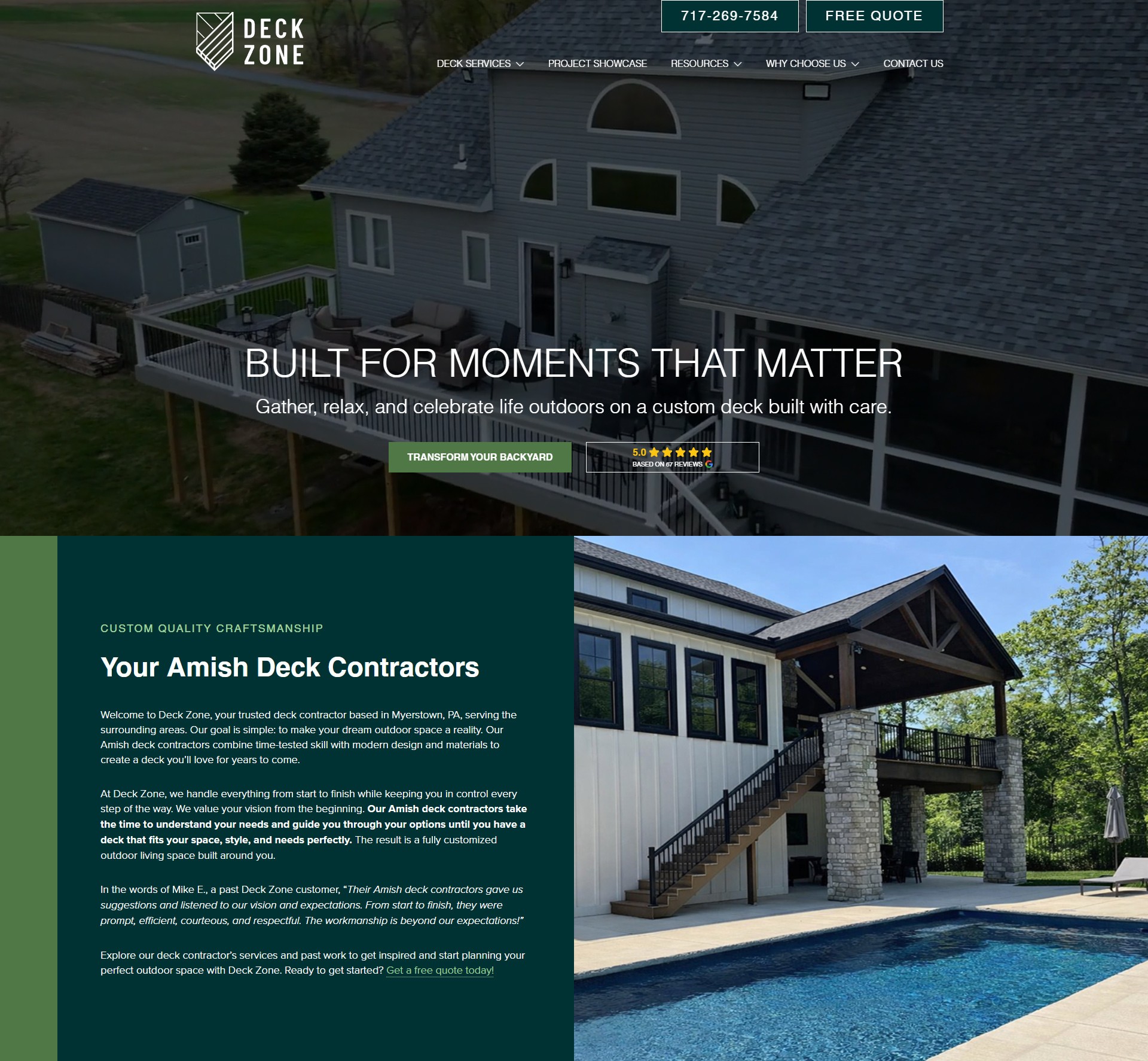 Two images of outdoor decks attached to houses, with text overlay about custom deck construction and contractor services.